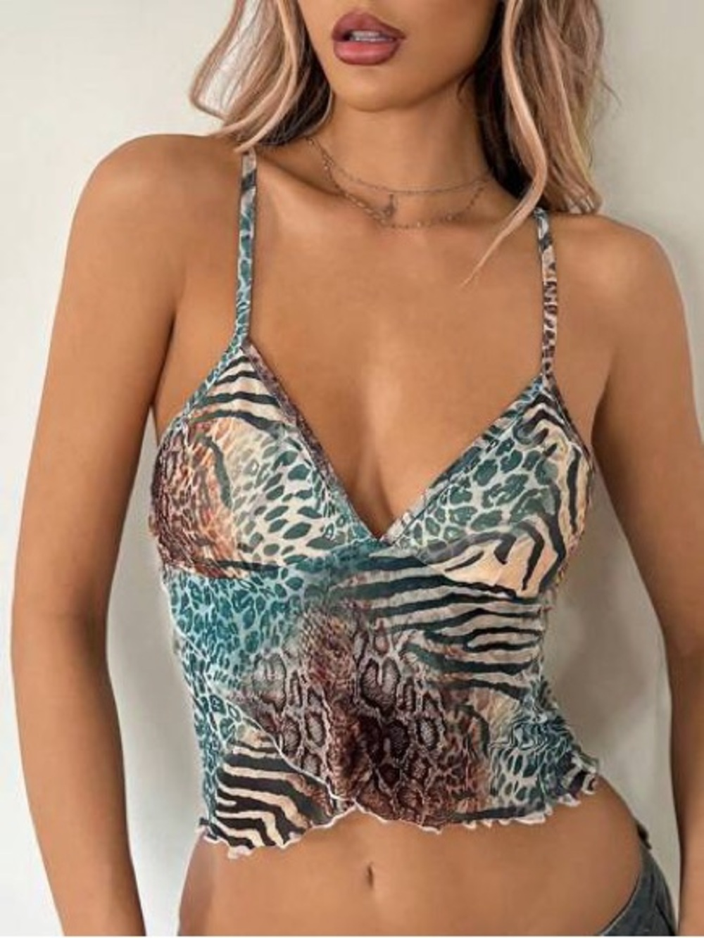 SHEIN Animal Print Teal Blue & Brown Mesh Silky Camisole Top Cami Leopard Zebra